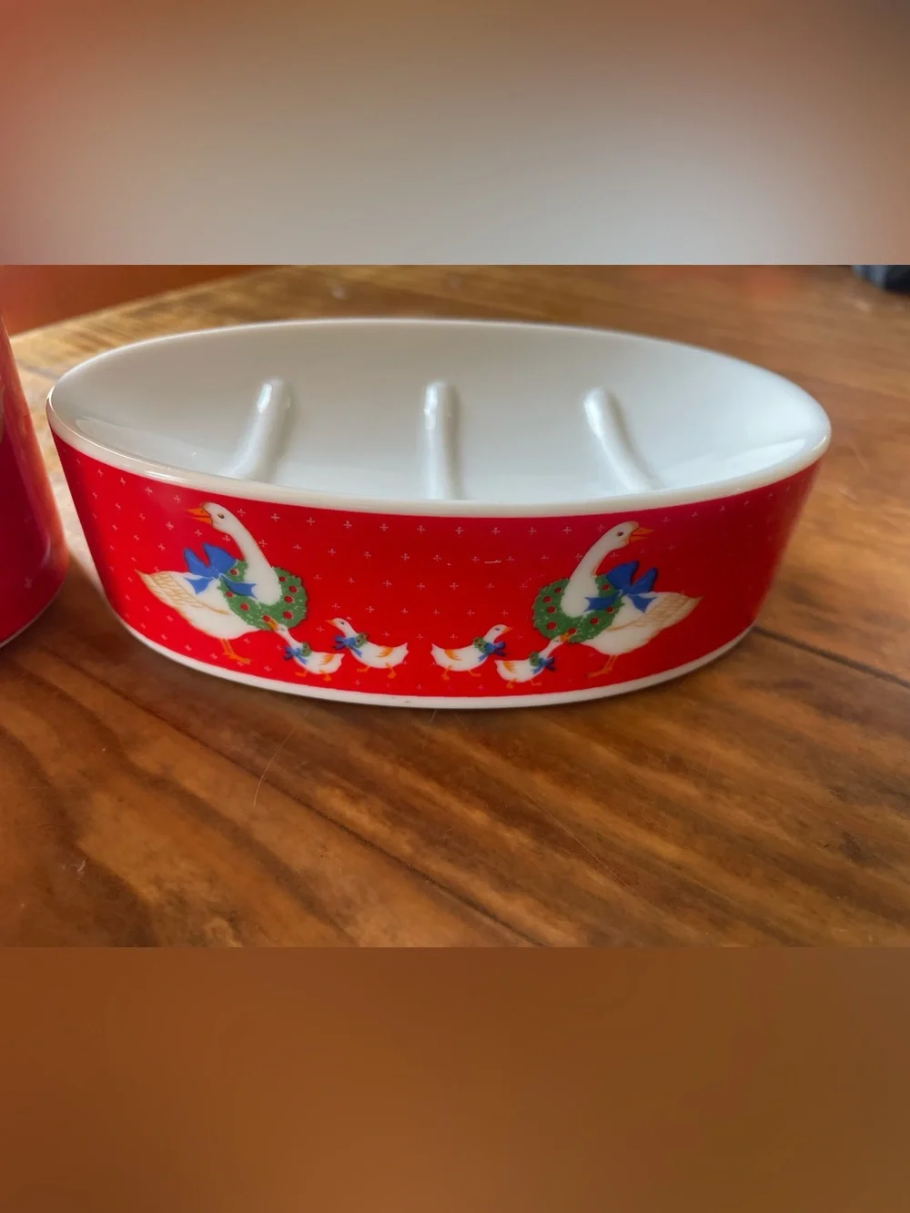 Vintage Christmas Geese Bathroom Soap Dish & Cup Set Holiday